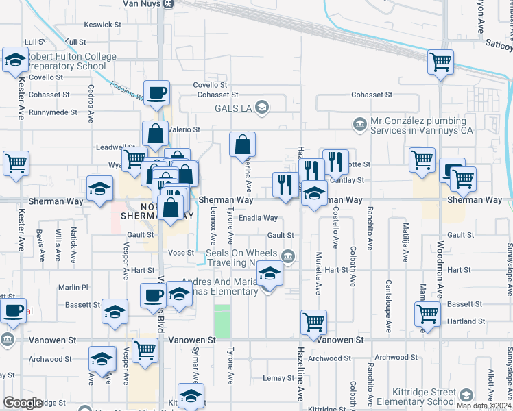 map of restaurants, bars, coffee shops, grocery stores, and more near 14215 Sherman Way in Los Angeles