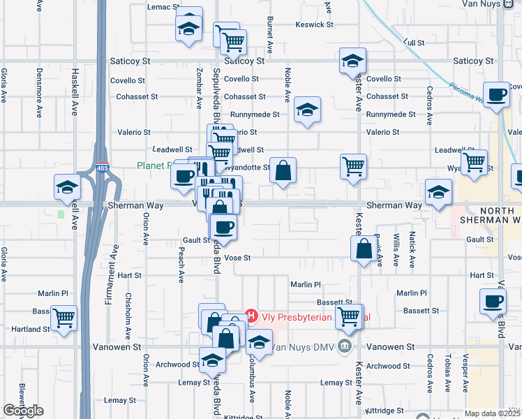map of restaurants, bars, coffee shops, grocery stores, and more near 3 Sherman Way in Los Angeles