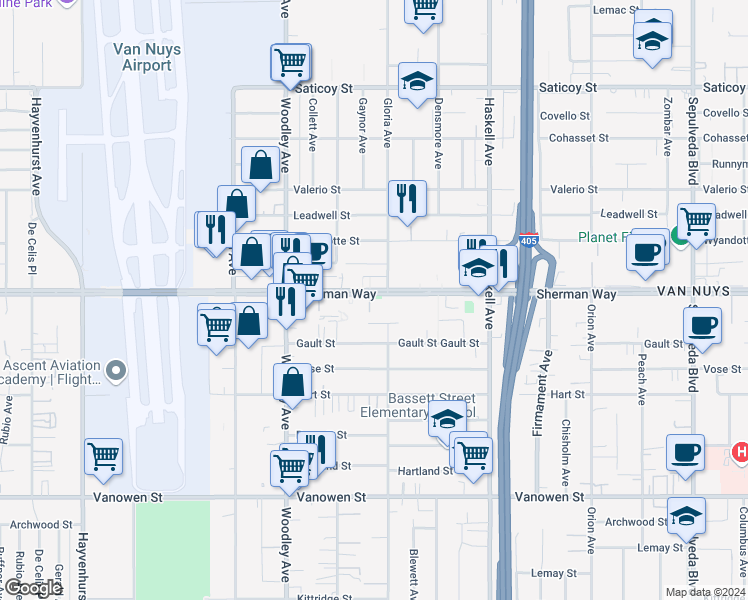map of restaurants, bars, coffee shops, grocery stores, and more near 15945 Sherman Way in Los Angeles