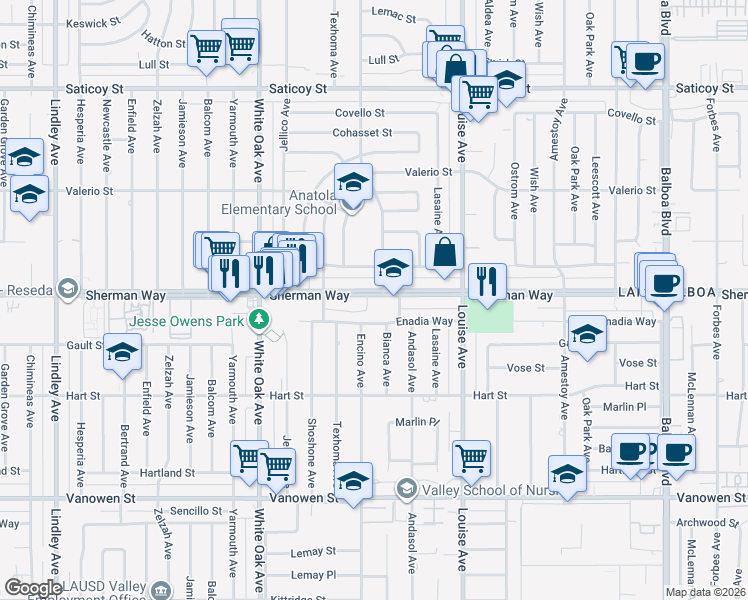map of restaurants, bars, coffee shops, grocery stores, and more near 17441 Sherman Way in Los Angeles