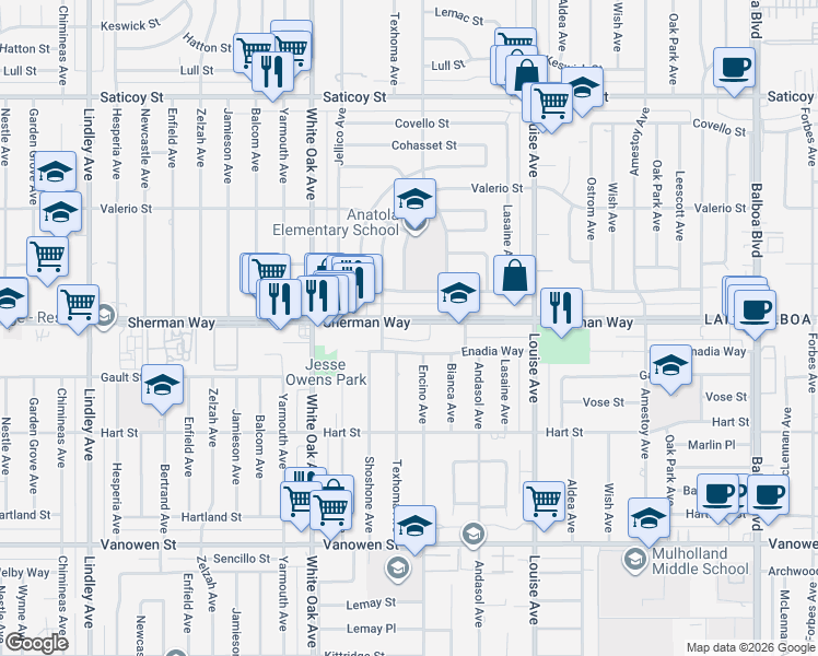 map of restaurants, bars, coffee shops, grocery stores, and more near 17521 Sherman Way in Los Angeles