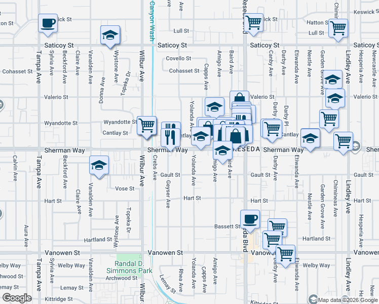 map of restaurants, bars, coffee shops, grocery stores, and more near 18703 Sherman Way in Los Angeles