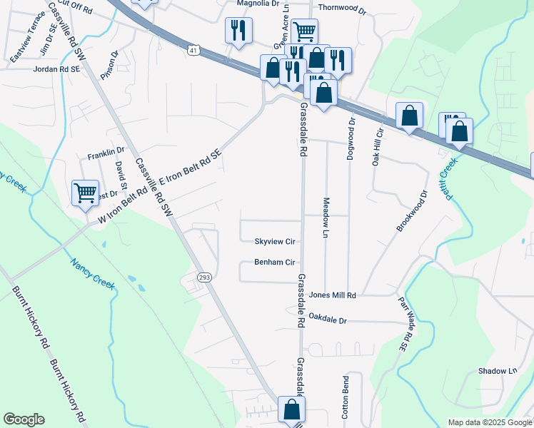 map of restaurants, bars, coffee shops, grocery stores, and more near 36 Skyview Circle in Cartersville