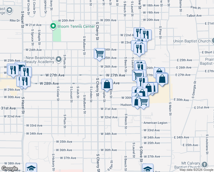 map of restaurants, bars, coffee shops, grocery stores, and more near 2800 South Elm Street in Pine Bluff