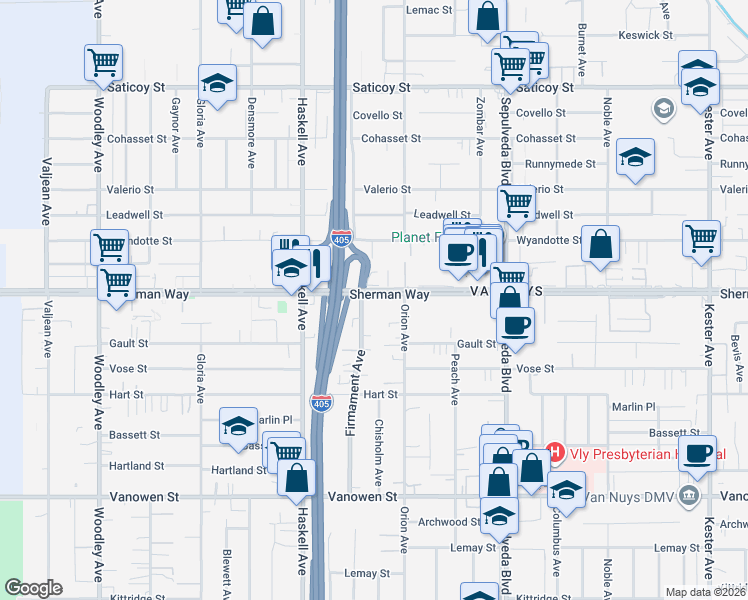 map of restaurants, bars, coffee shops, grocery stores, and more near 15542 Sherman Way in Los Angeles