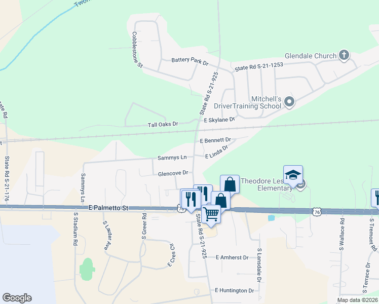 map of restaurants, bars, coffee shops, grocery stores, and more near 300 North Williamson Road in Florence