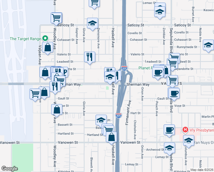 map of restaurants, bars, coffee shops, grocery stores, and more near 15724 Sherman Way in Los Angeles