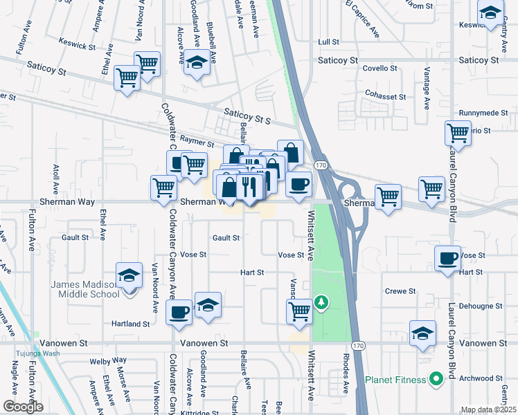 map of restaurants, bars, coffee shops, grocery stores, and more near 12650 Sherman Way in Los Angeles