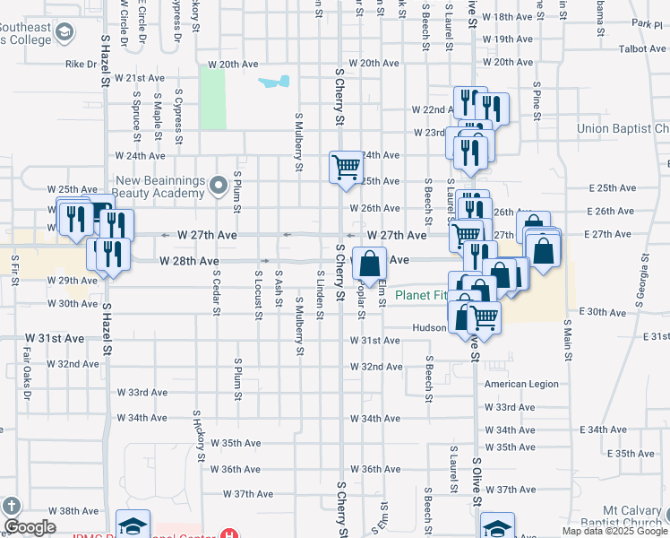 map of restaurants, bars, coffee shops, grocery stores, and more near 2719 South Cherry Street in Pine Bluff