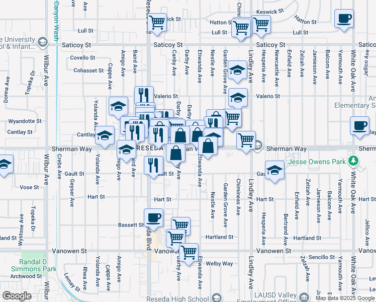 map of restaurants, bars, coffee shops, grocery stores, and more near 18335 Sherman Way in Los Angeles