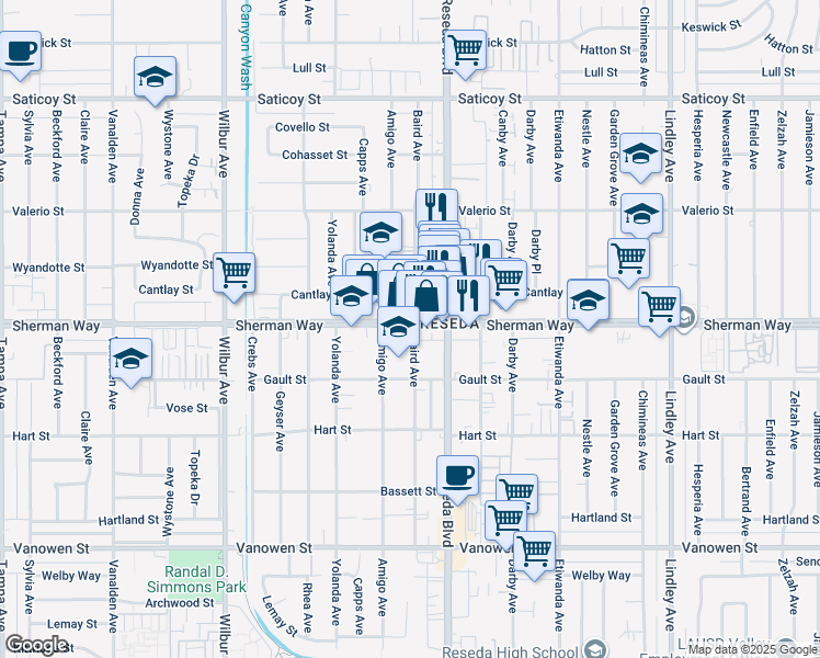 map of restaurants, bars, coffee shops, grocery stores, and more near 18566 Sherman Way in Los Angeles