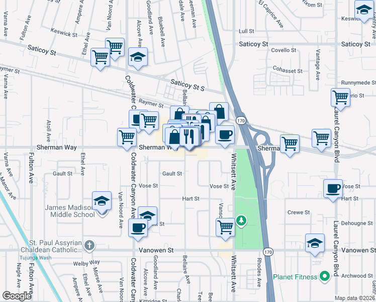 map of restaurants, bars, coffee shops, grocery stores, and more near 12650 Sherman Way in Los Angeles