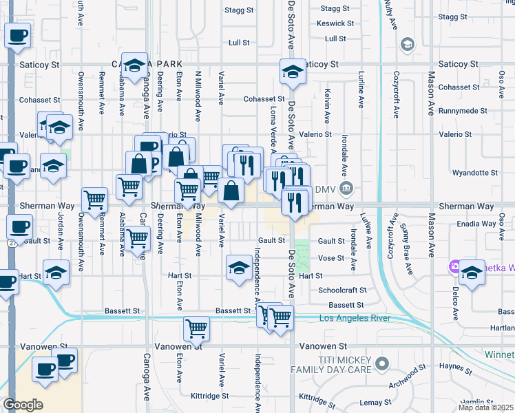 map of restaurants, bars, coffee shops, grocery stores, and more near Sherman Way & Independence Avenue in Los Angeles