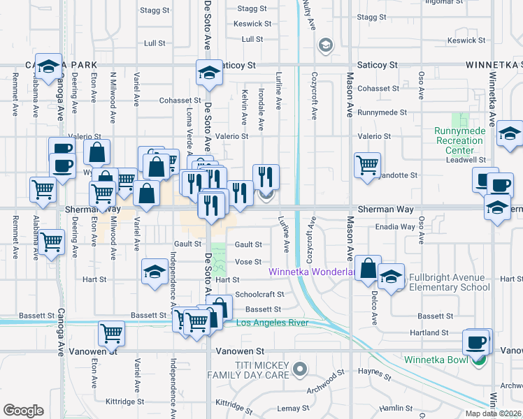 map of restaurants, bars, coffee shops, grocery stores, and more near 20750 Sherman Way in Los Angeles