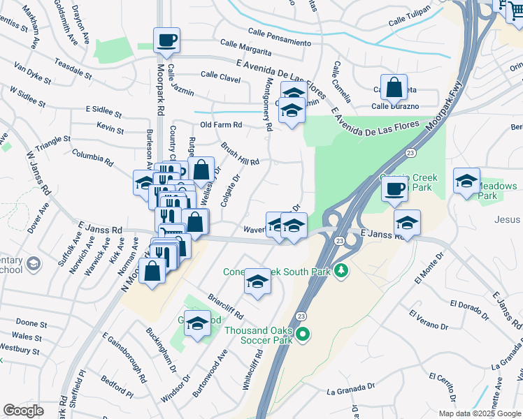 map of restaurants, bars, coffee shops, grocery stores, and more near 952 Pickwick Court in Thousand Oaks