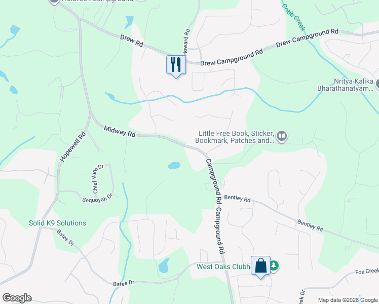 map of restaurants, bars, coffee shops, grocery stores, and more near 7658 Campground Road in Cumming
