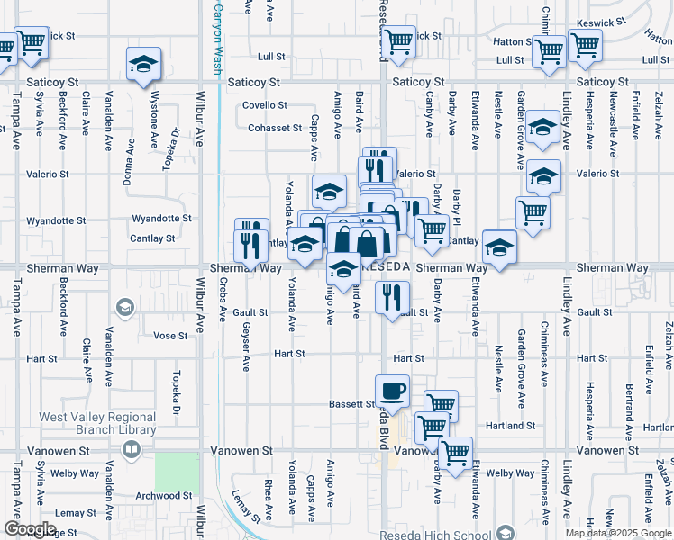 map of restaurants, bars, coffee shops, grocery stores, and more near 18566 Sherman Way in Los Angeles