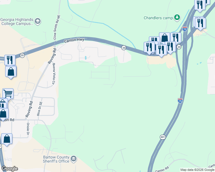 map of restaurants, bars, coffee shops, grocery stores, and more near 30 Backus Road Southeast in Cartersville