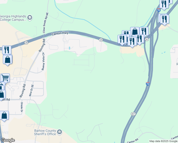 map of restaurants, bars, coffee shops, grocery stores, and more near 307 Skye Lane in Cartersville