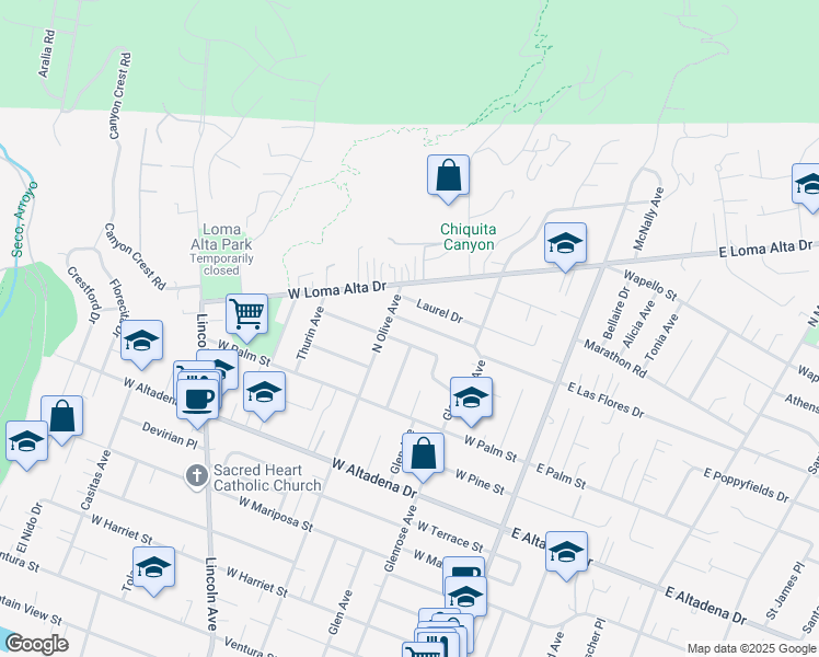 map of restaurants, bars, coffee shops, grocery stores, and more near 304 West Las Flores Drive in Altadena