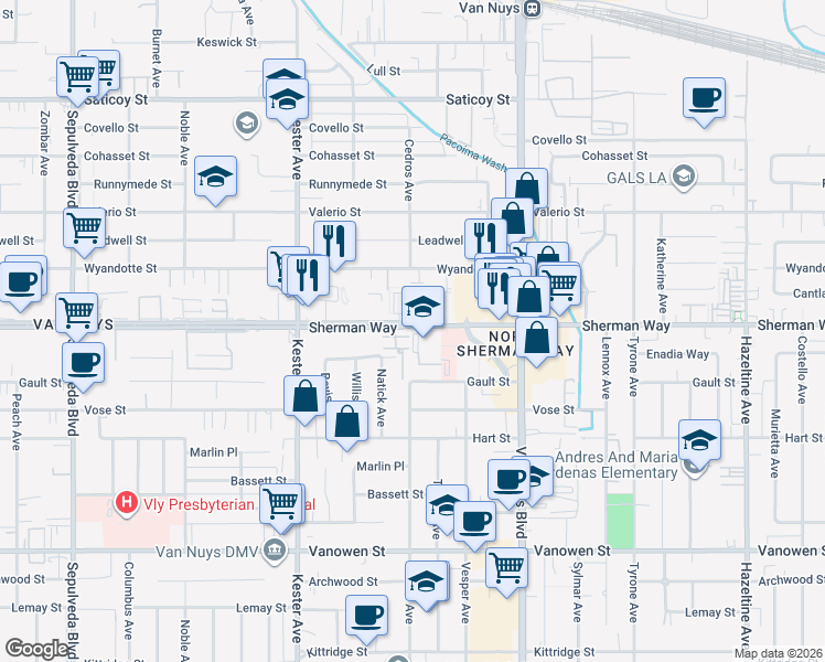 map of restaurants, bars, coffee shops, grocery stores, and more near in Los Angeles