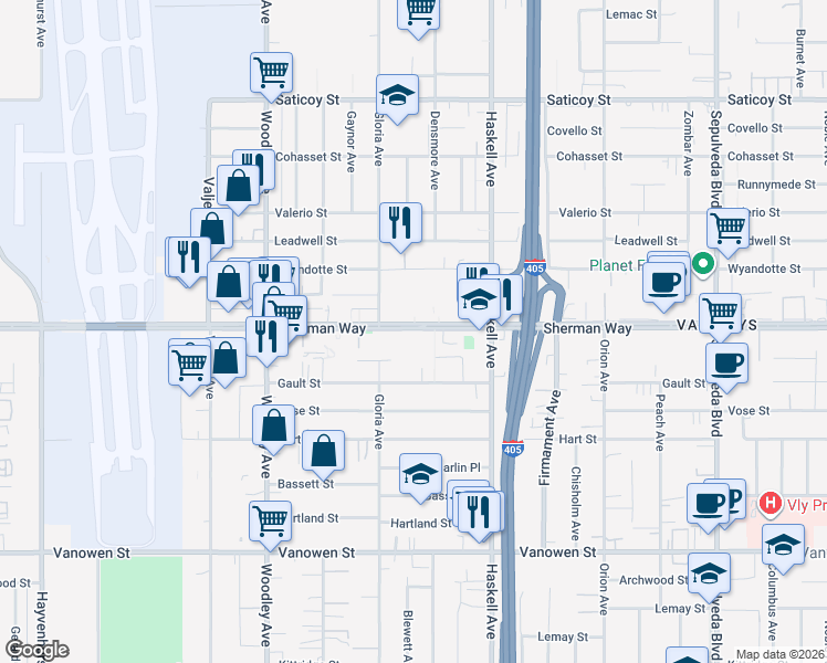 map of restaurants, bars, coffee shops, grocery stores, and more near 15813 Sherman Way in Los Angeles