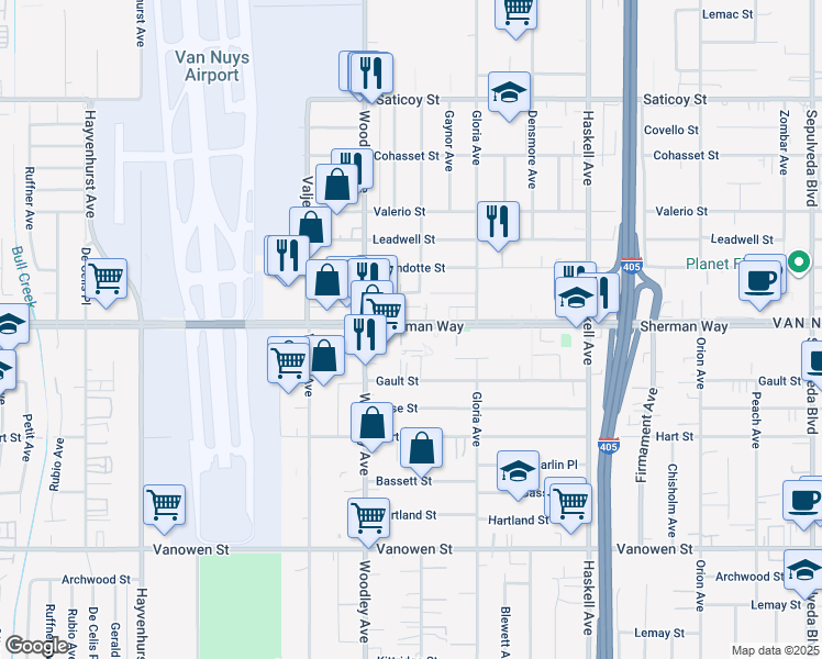 map of restaurants, bars, coffee shops, grocery stores, and more near 16015 Sherman Way in Los Angeles