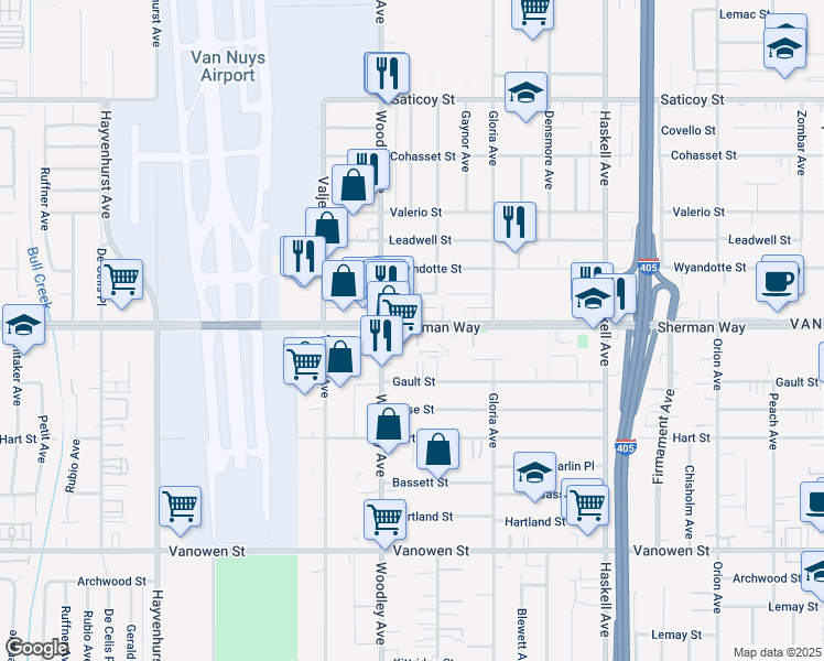map of restaurants, bars, coffee shops, grocery stores, and more near 16015 Sherman Way in Los Angeles