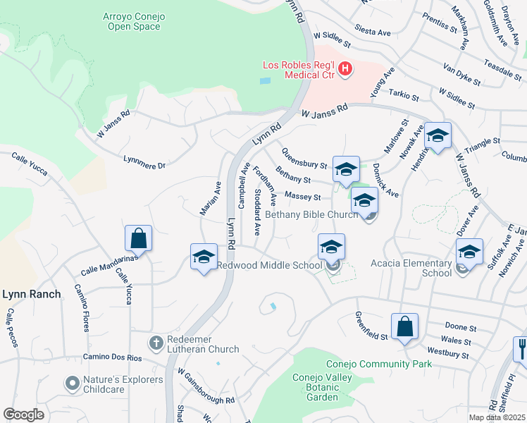 map of restaurants, bars, coffee shops, grocery stores, and more near 1676 Stoddard Avenue in Thousand Oaks