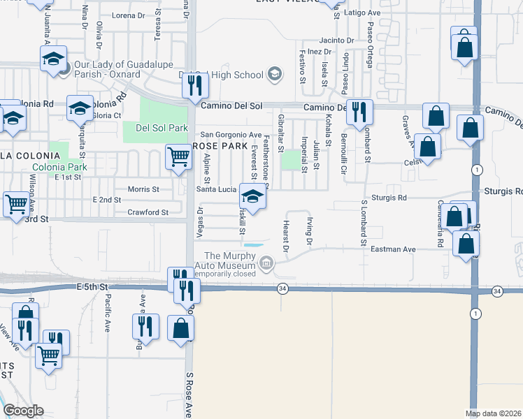 map of restaurants, bars, coffee shops, grocery stores, and more near 220 South Driskill Street in Oxnard