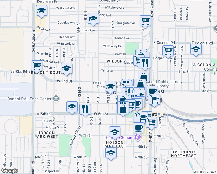 map of restaurants, bars, coffee shops, grocery stores, and more near 201 South E Street in Oxnard