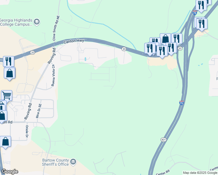 map of restaurants, bars, coffee shops, grocery stores, and more near 307 Skye Lane in Cartersville