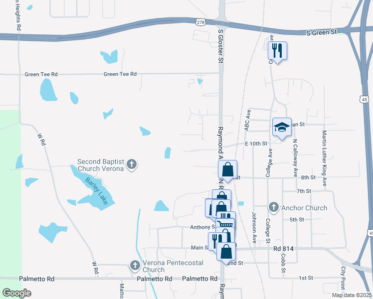 map of restaurants, bars, coffee shops, grocery stores, and more near 116 West 10th Street in Tupelo