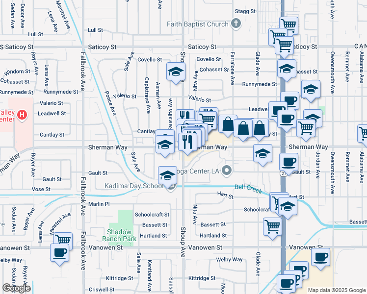 map of restaurants, bars, coffee shops, grocery stores, and more near Sherman Way & Shoup Avenue in Los Angeles