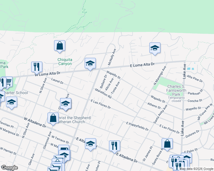 map of restaurants, bars, coffee shops, grocery stores, and more near 3313 Alicia Avenue in Altadena
