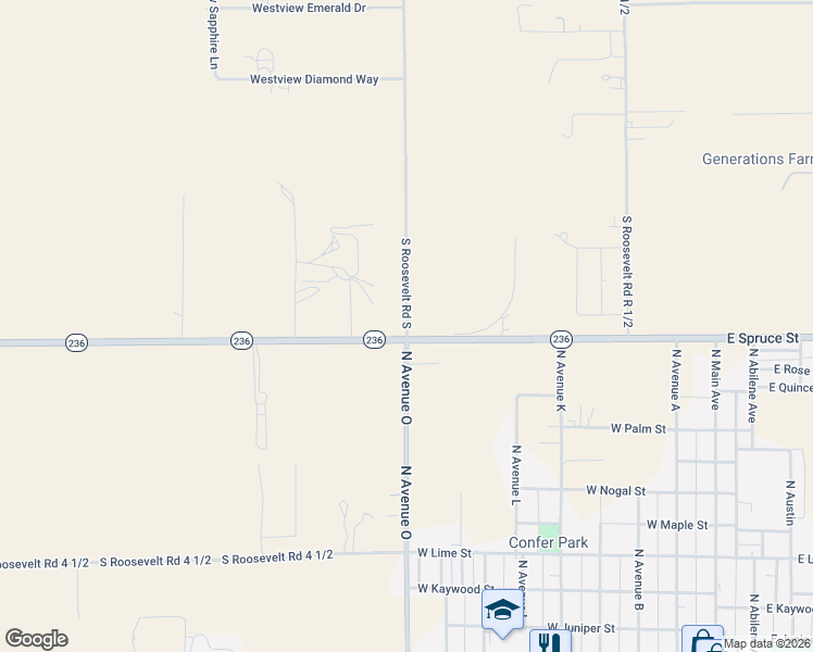 map of restaurants, bars, coffee shops, grocery stores, and more near 392 South Roosevelt Road South in Portales