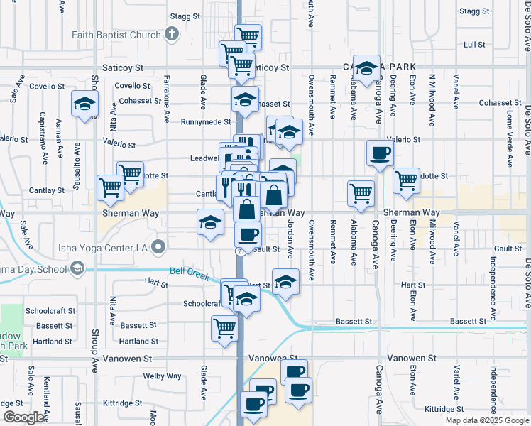 map of restaurants, bars, coffee shops, grocery stores, and more near Sherman Way & Vassar Avenue in Los Angeles