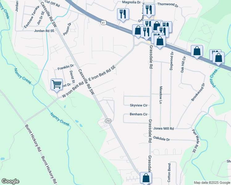 map of restaurants, bars, coffee shops, grocery stores, and more near 13 Penny Court in Cartersville