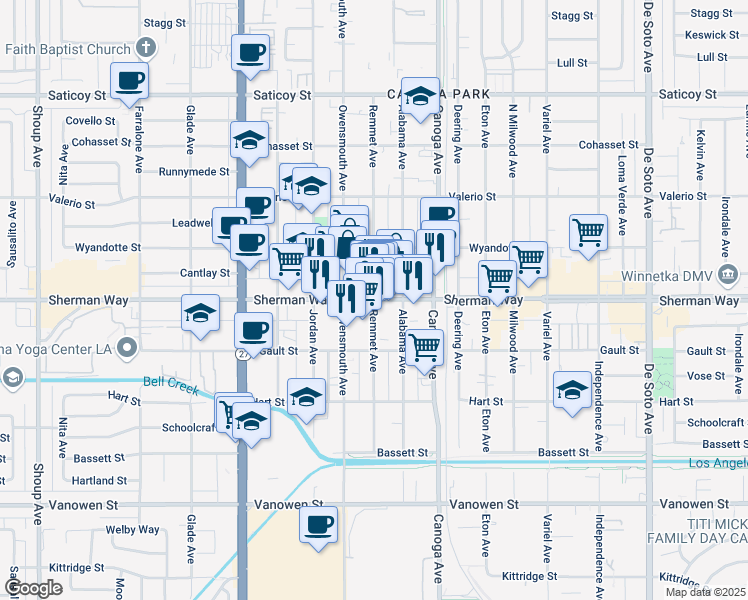 map of restaurants, bars, coffee shops, grocery stores, and more near Sherman Way & Remmet Ave in Los Angeles