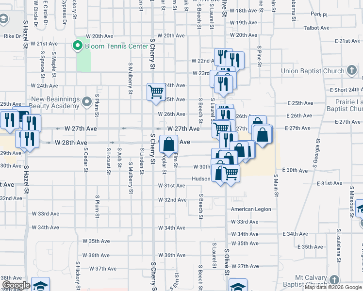map of restaurants, bars, coffee shops, grocery stores, and more near 2800 South Elm Street in Pine Bluff