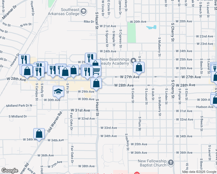 map of restaurants, bars, coffee shops, grocery stores, and more near 2007 West 28th Avenue in Pine Bluff