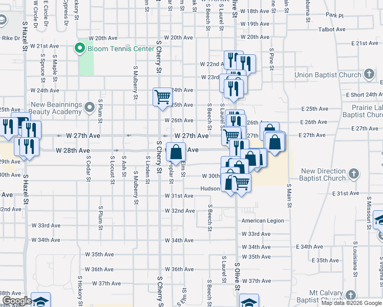 map of restaurants, bars, coffee shops, grocery stores, and more near 818 West 28th Avenue in Pine Bluff