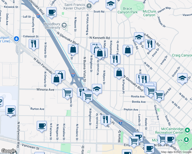 map of restaurants, bars, coffee shops, grocery stores, and more near 2507 North Lincoln Street in Burbank