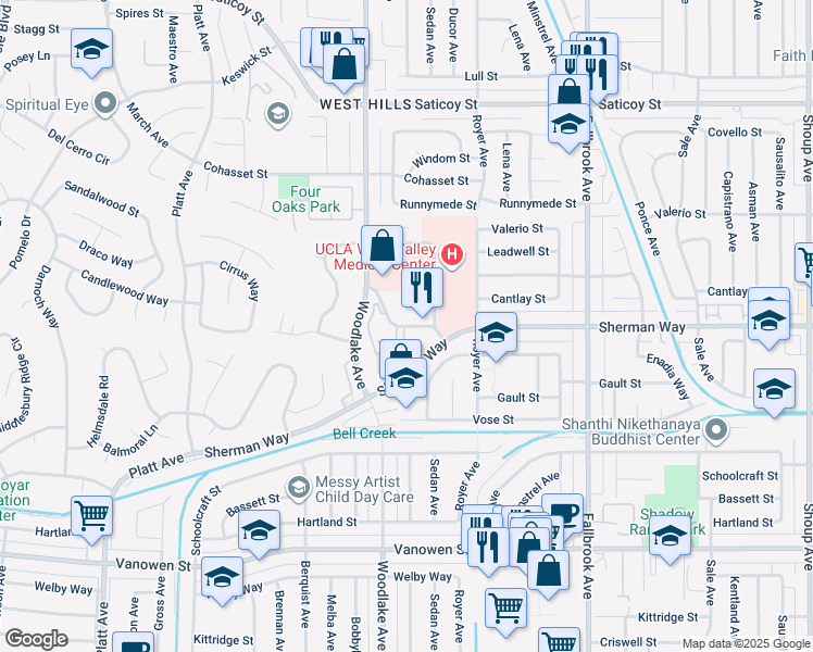 map of restaurants, bars, coffee shops, grocery stores, and more near 23130 Sherman Pl in West Hills