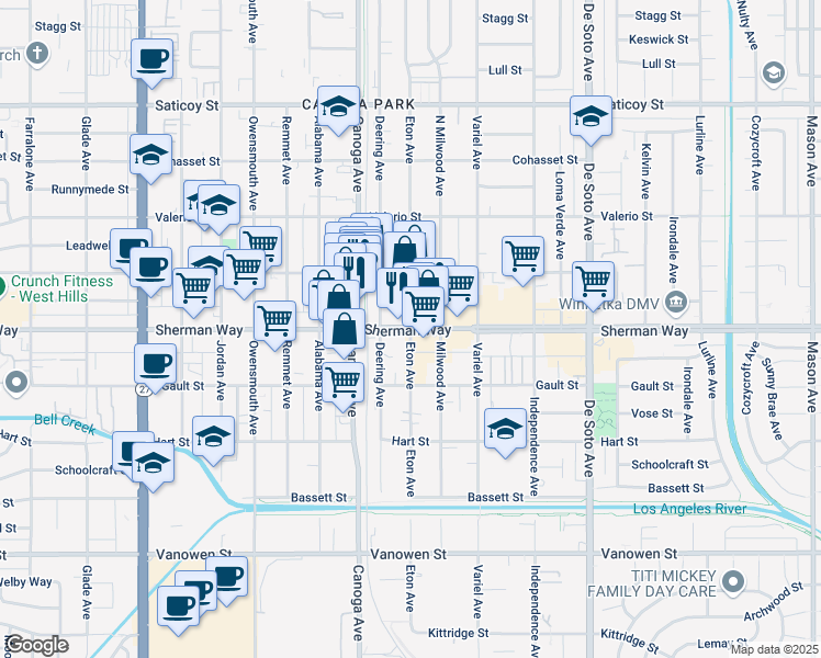 map of restaurants, bars, coffee shops, grocery stores, and more near Sherman Way & Eton Ave in Los Angeles