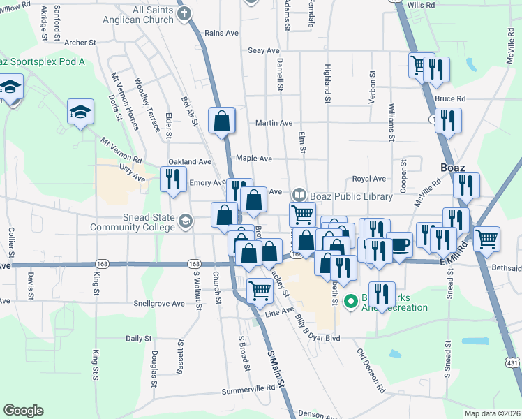 map of restaurants, bars, coffee shops, grocery stores, and more near 316 Brown Street in Boaz
