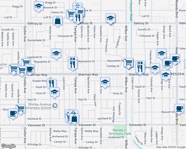 map of restaurants, bars, coffee shops, grocery stores, and more near 19145 Sherman Way in Reseda