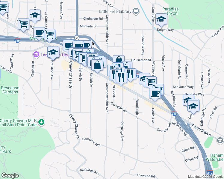 map of restaurants, bars, coffee shops, grocery stores, and more near 4451 Hobbs Drive in La Cañada Flintridge