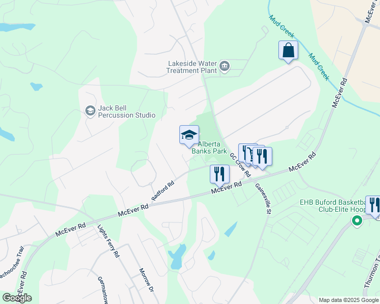 map of restaurants, bars, coffee shops, grocery stores, and more near 5544 Radford Road in Flowery Branch