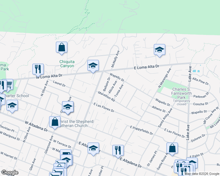 map of restaurants, bars, coffee shops, grocery stores, and more near 3313 Alicia Avenue in Altadena